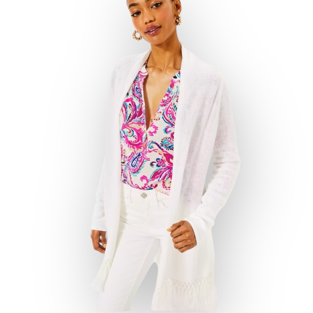 Lilly Pulitzer Tatum Fringe Long White Cardigan W1403 Sz XS